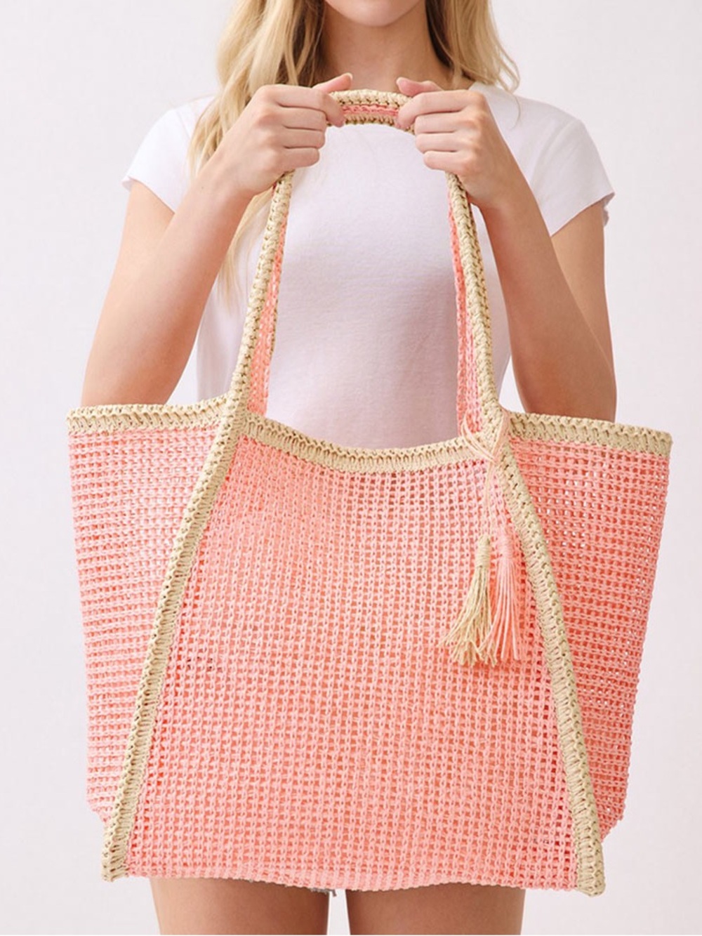 Pink Crochet Tote Bag with Cream Trim